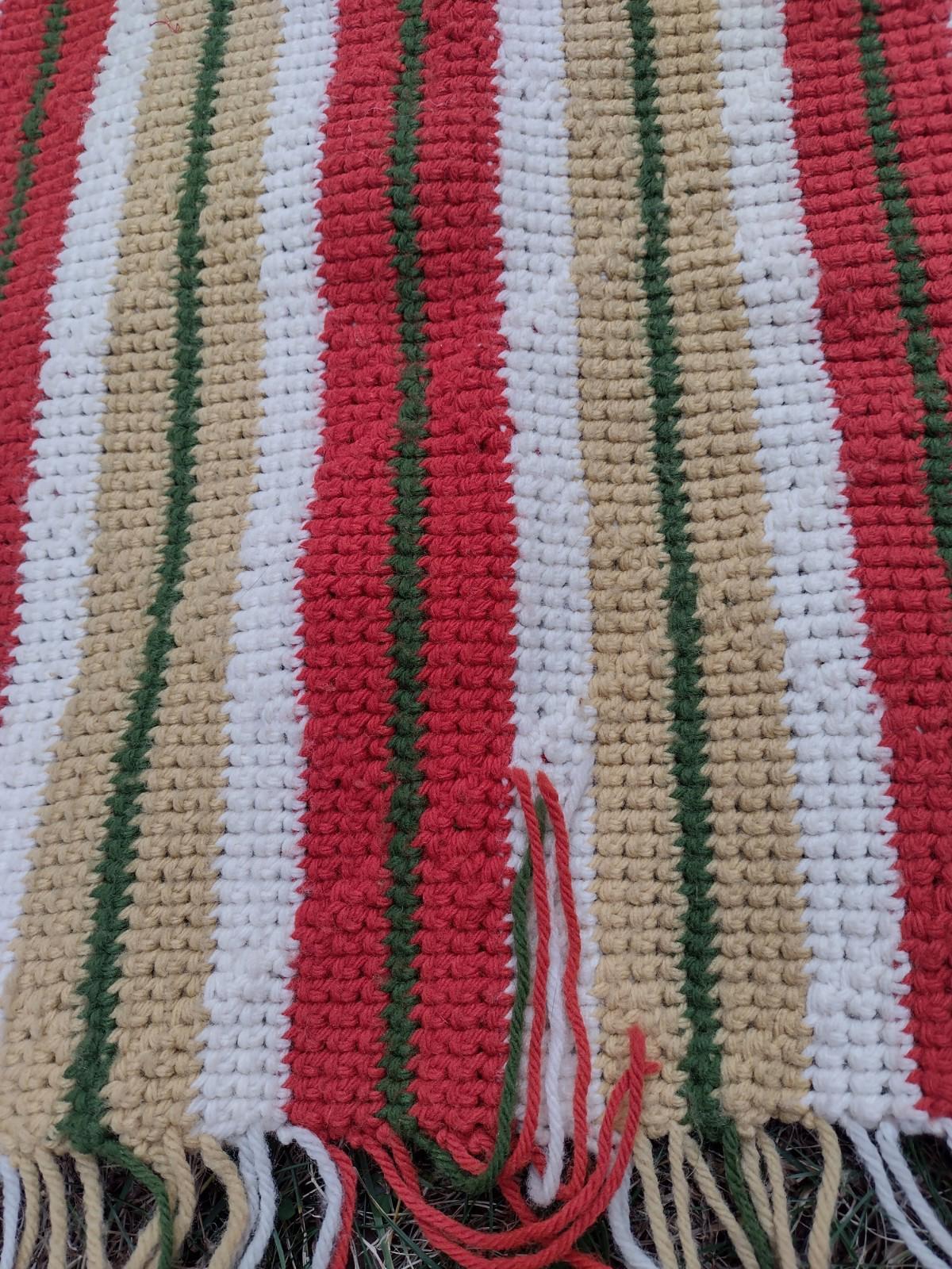 Vintage 70s Hand Crochet Throw 48x58 Retro Stripe Diamond Stitch Fringe Afghan