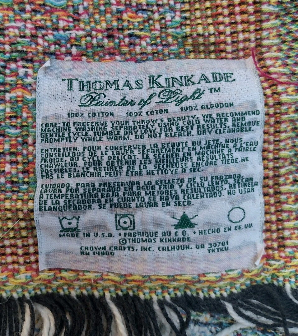 Thomas Kinkade Tapestry Throw Blanket Cottage Bridge Floral Cotton USA Licensed