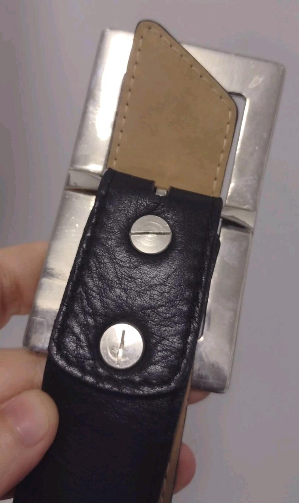 Vintage 70s LAND Leather Belt Black Soft Leather Silver Buckle Logo 32–36 In