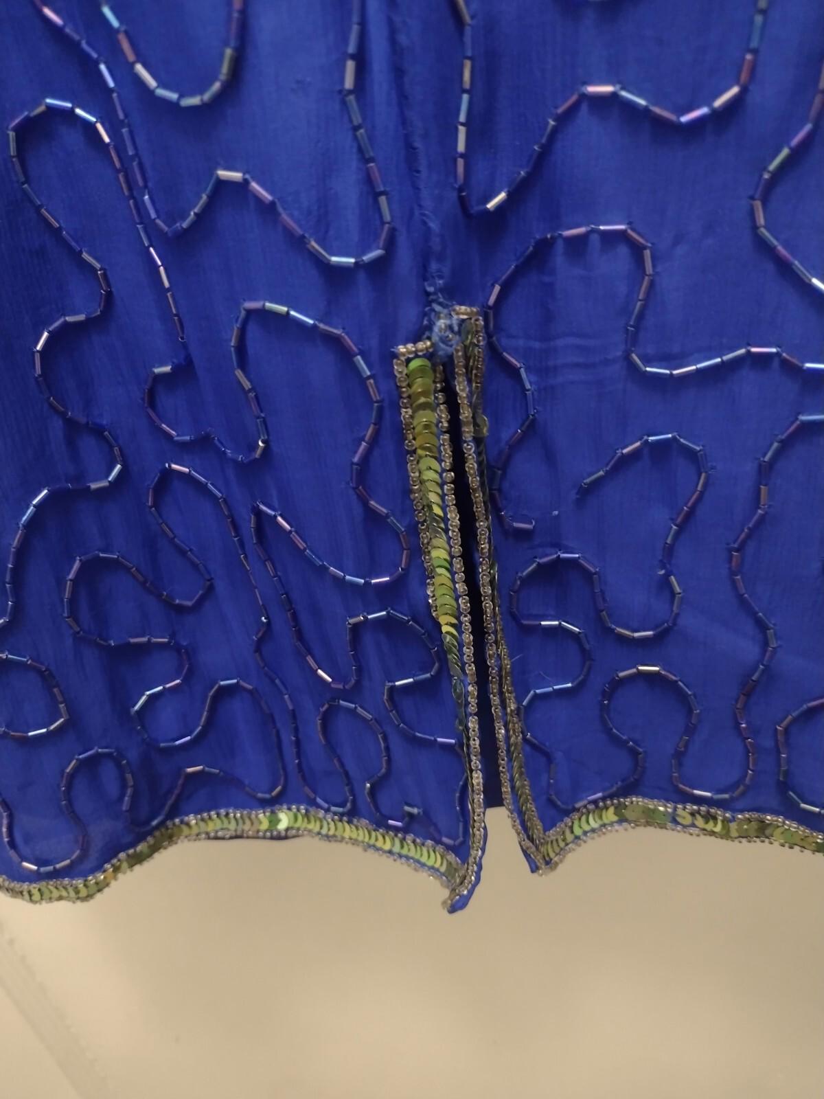 Denise Elle Vintage 80s Blue Beaded Sequin Silk Dress Sz L