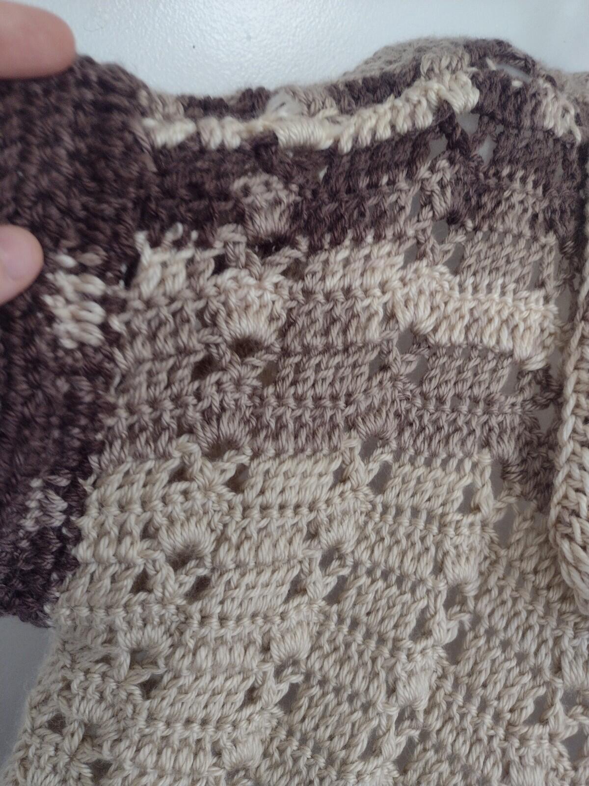 Vintage Handmade Crochet Vest Tunic L Open Weave Boho MOP Button Asymmetrical
