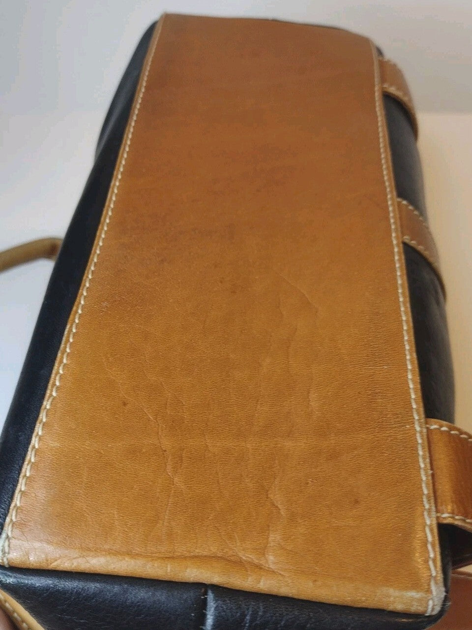 Genuine Leather Shoulder Tote Bag Black Tan Y2K Buckle Satchel Work Office Purse