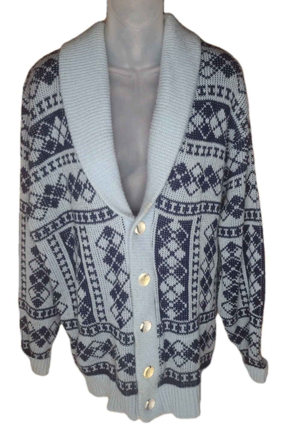 Vintage Men's Shawl Collar Cardigan Fair Isle Nordic Orlon USA Blue Large L
