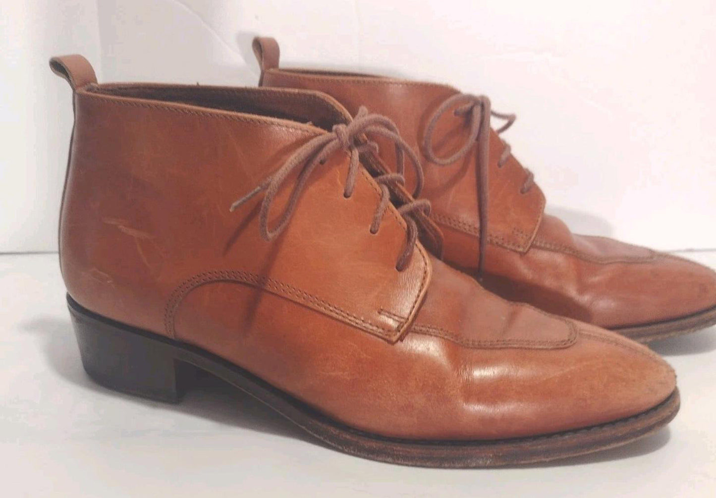 Vintage J. Peterman Leather Ankle Booties Made in Italy Tan Lace-Up Sz 5.5B