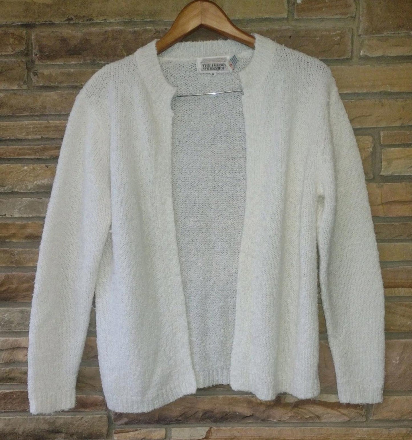 Vintage 1980s Boucle Knit White Acrylic Cardigan M Off White