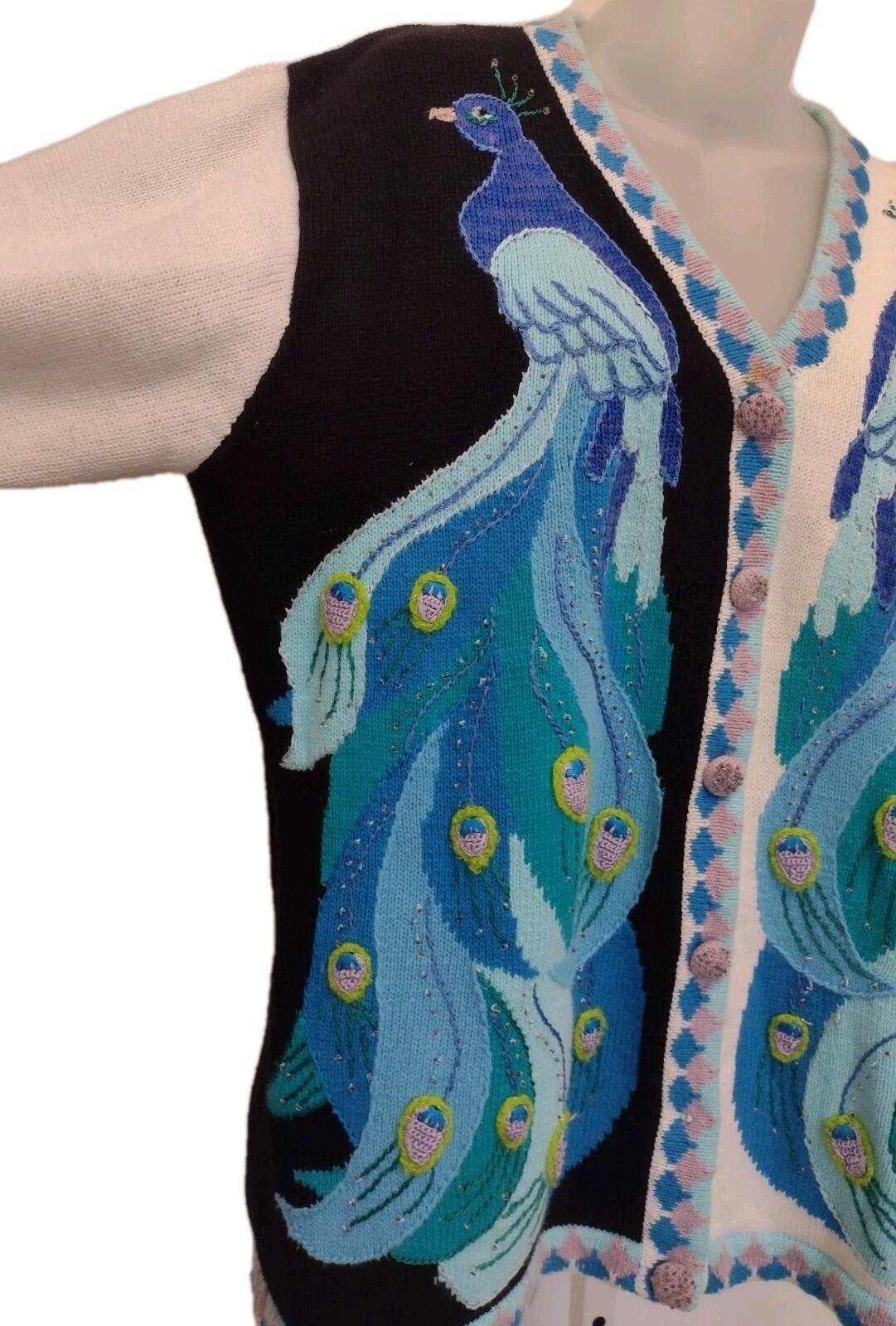 Storybook Knits Regal Plumage Peacock Cardigan L Embroidered