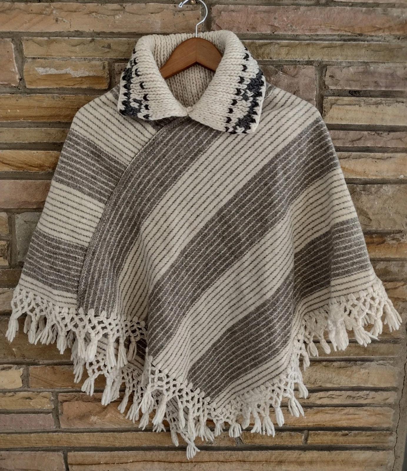 Vintage 70s Wool Poncho Gray Cream Tweed Woven Body Knit Trim Fringe Cape