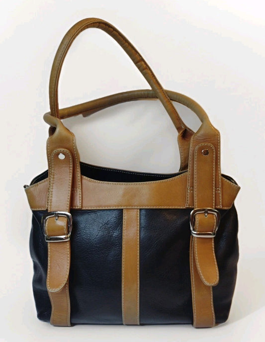 Genuine Leather Shoulder Tote Bag Black Tan Y2K Buckle Satchel Work Office Purse