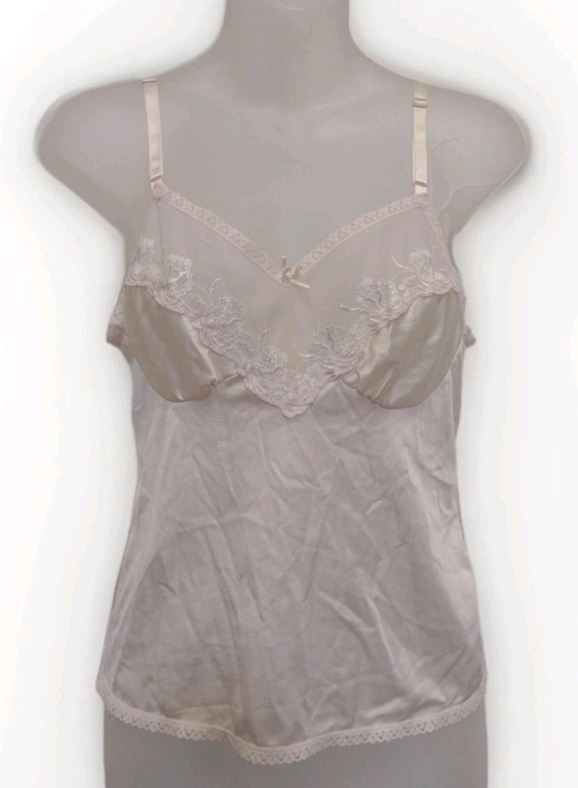 VTG 70s Beige Nylon Lace Camisole Top Small Summer Layering Sheer Bust