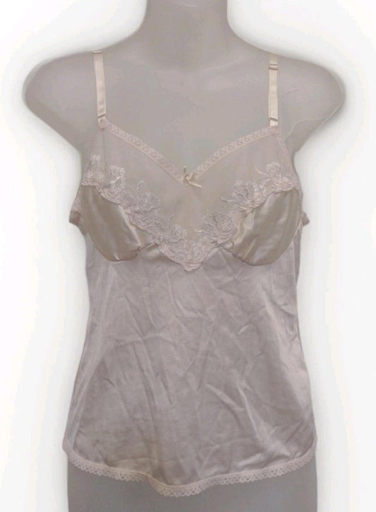 VTG 70s Beige Nylon Lace Camisole Top Small Summer Layering Sheer Bust