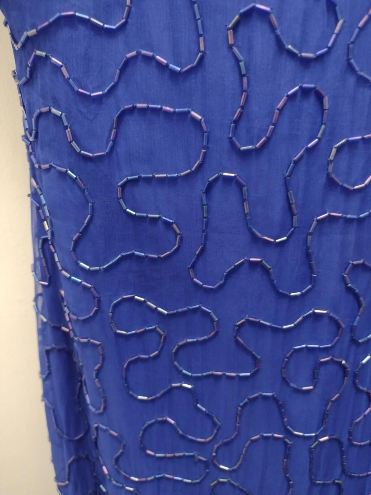 Denise Elle Vintage 80s Blue Beaded Sequin Silk Dress Sz L