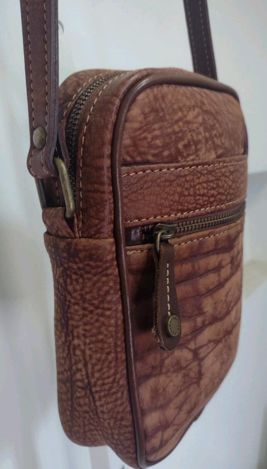 Vintage 80s Bacare Nubuck Leather Crossbody Bag Argentina Brown Brass 7x9x2