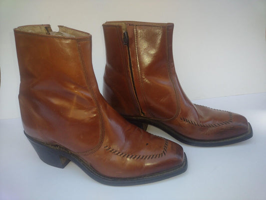 Wrangler Western Ankle Boots USA Vintage 60s Leather Zip Cuban Heel 7D
