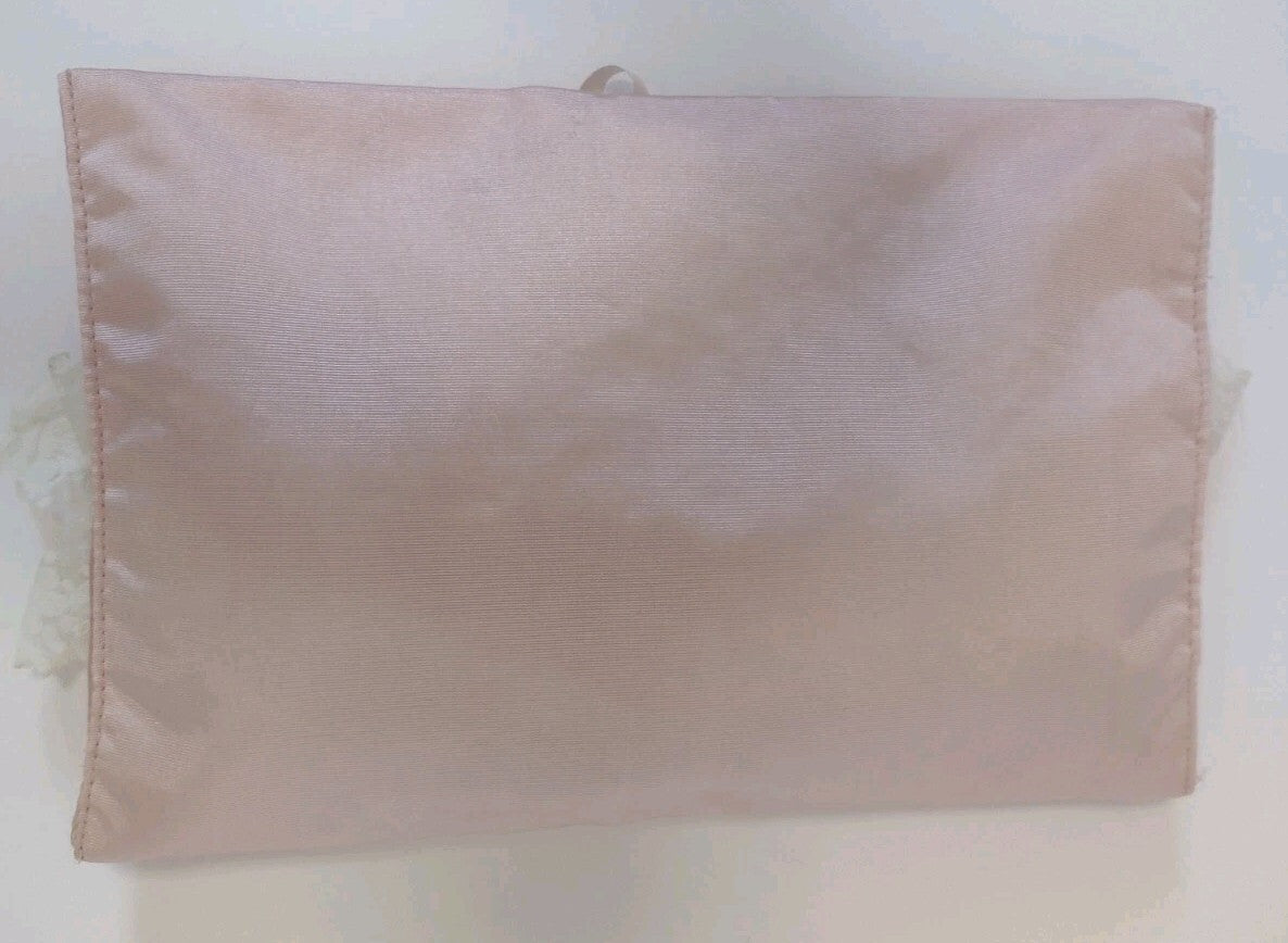 Vintage 80s Victoria's Secret Satin Lingerie Pouch Clutch Pink Lace Pearl Bridal