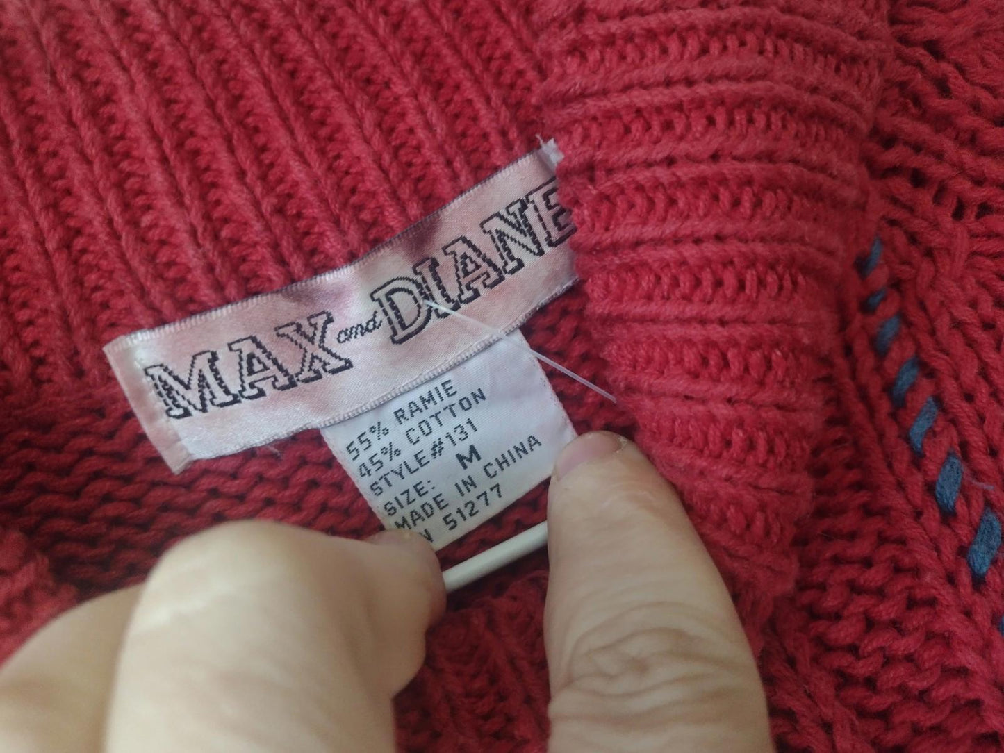 VTG 90s Max And Diane Red Embroidered Sweater Cable Knit Ramey Cotton Sz M