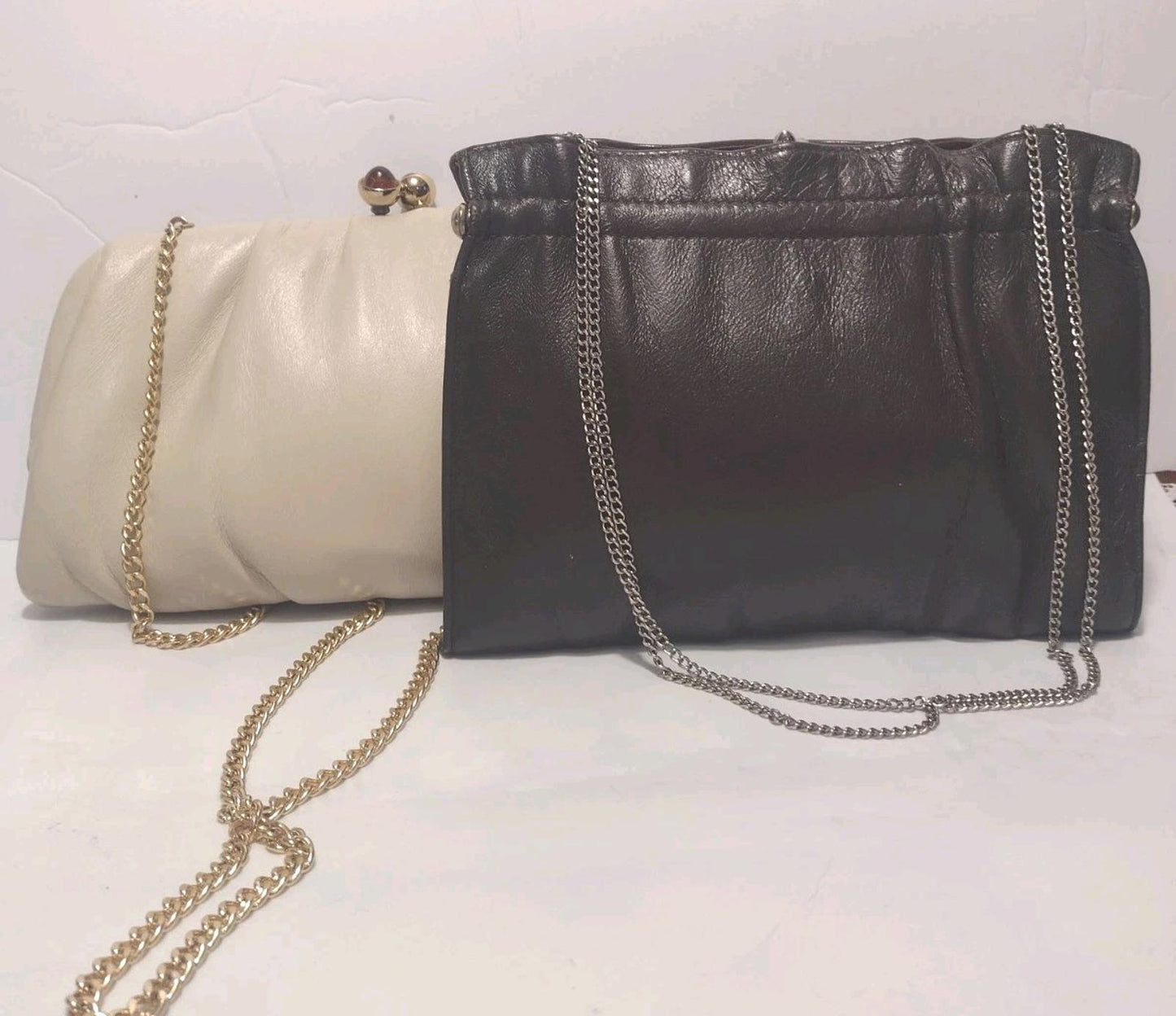 70s Genuine Leather Kiss Lock Purse Bundle Brown & Beige Gold Chain Evening Bags