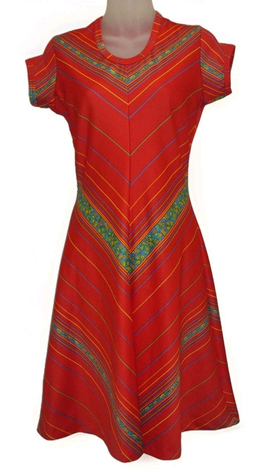 Vintage 70s Handmade Folk Print Polyester Dress Red Multicolor Size 11/12 S/M