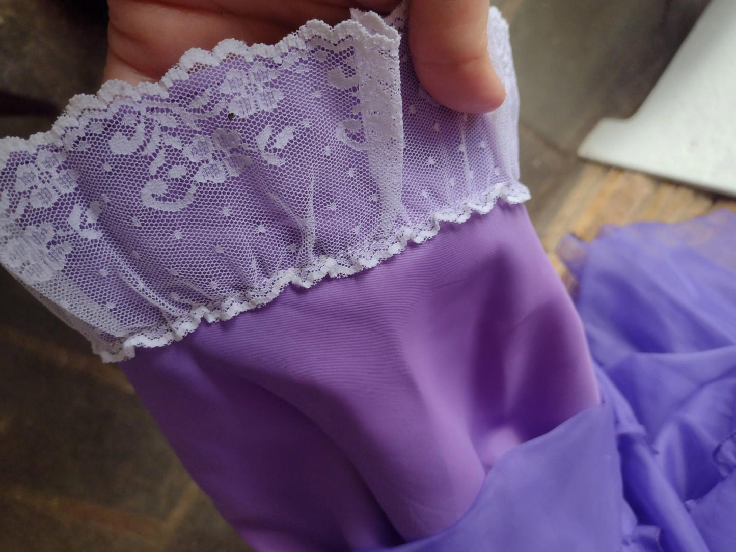 70s Purple Chiffon Prairie Gown Lace Ruffles Satin Lining S