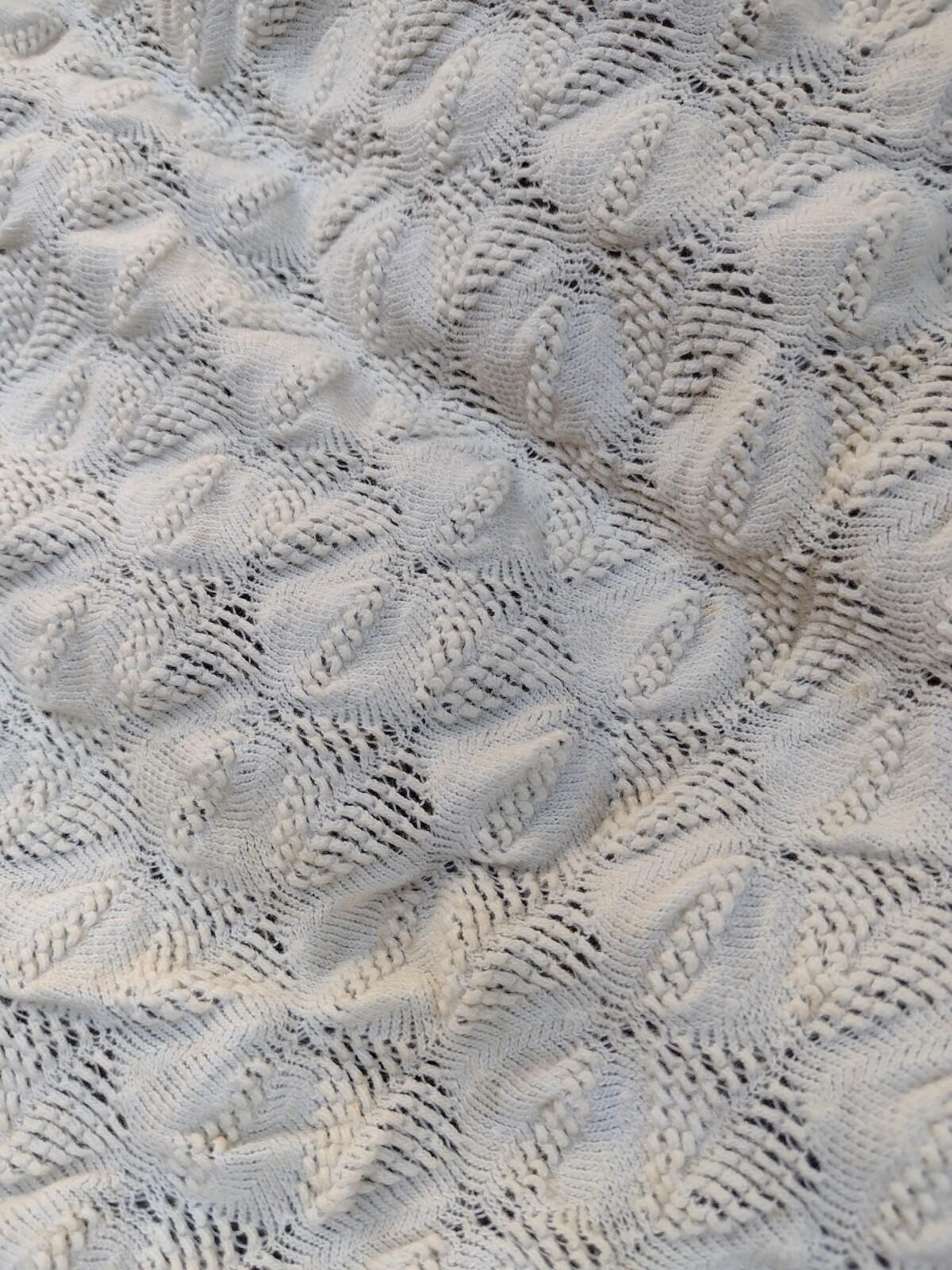 Knit Baby Blanket Cream Cotton Blend Crib Pram Vintage 80s Heirloom Lace