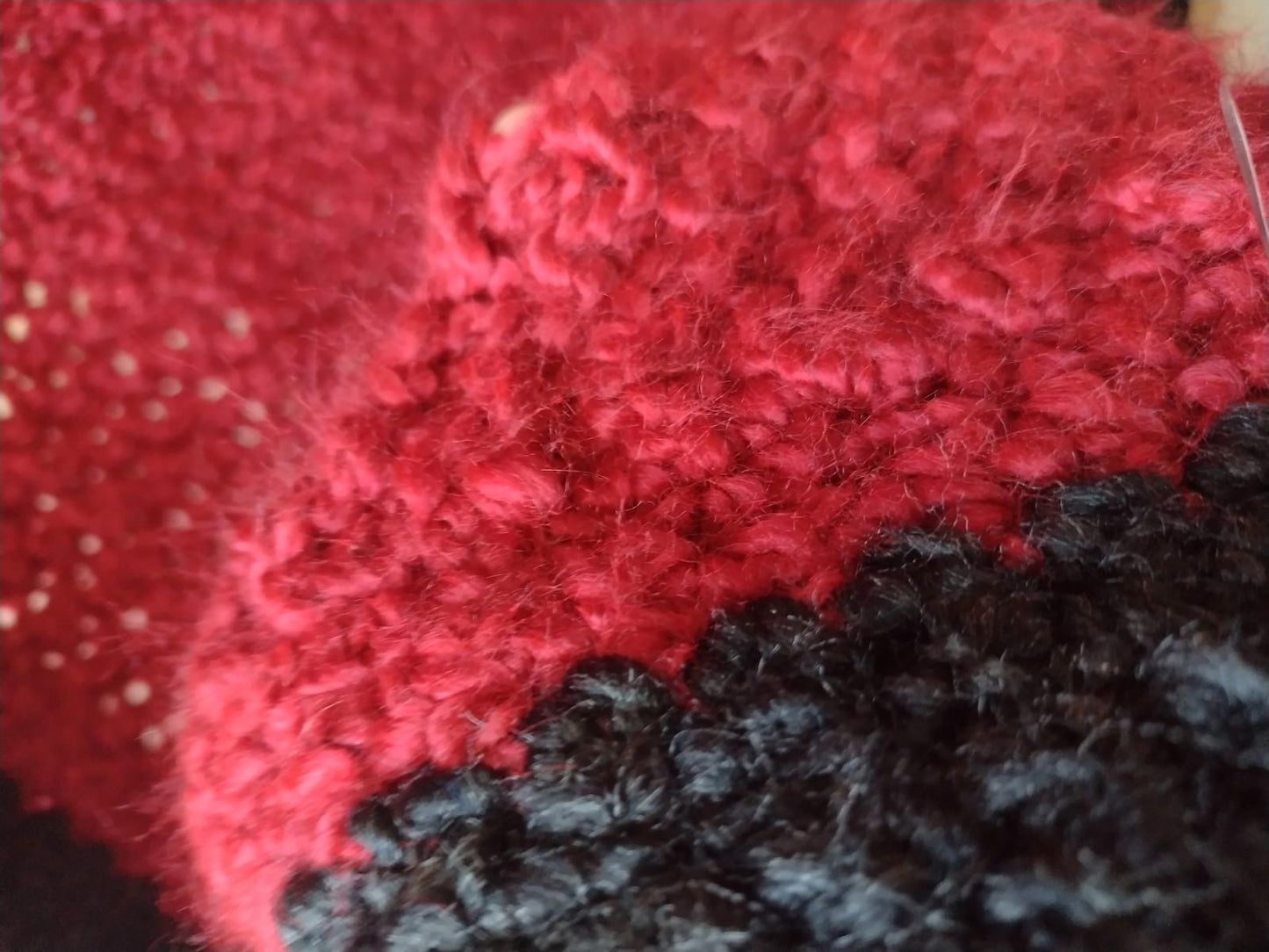 Vintage Handmade Red Black Crochet Wrap & Hat Set Fuzzy Acrylic Fringe