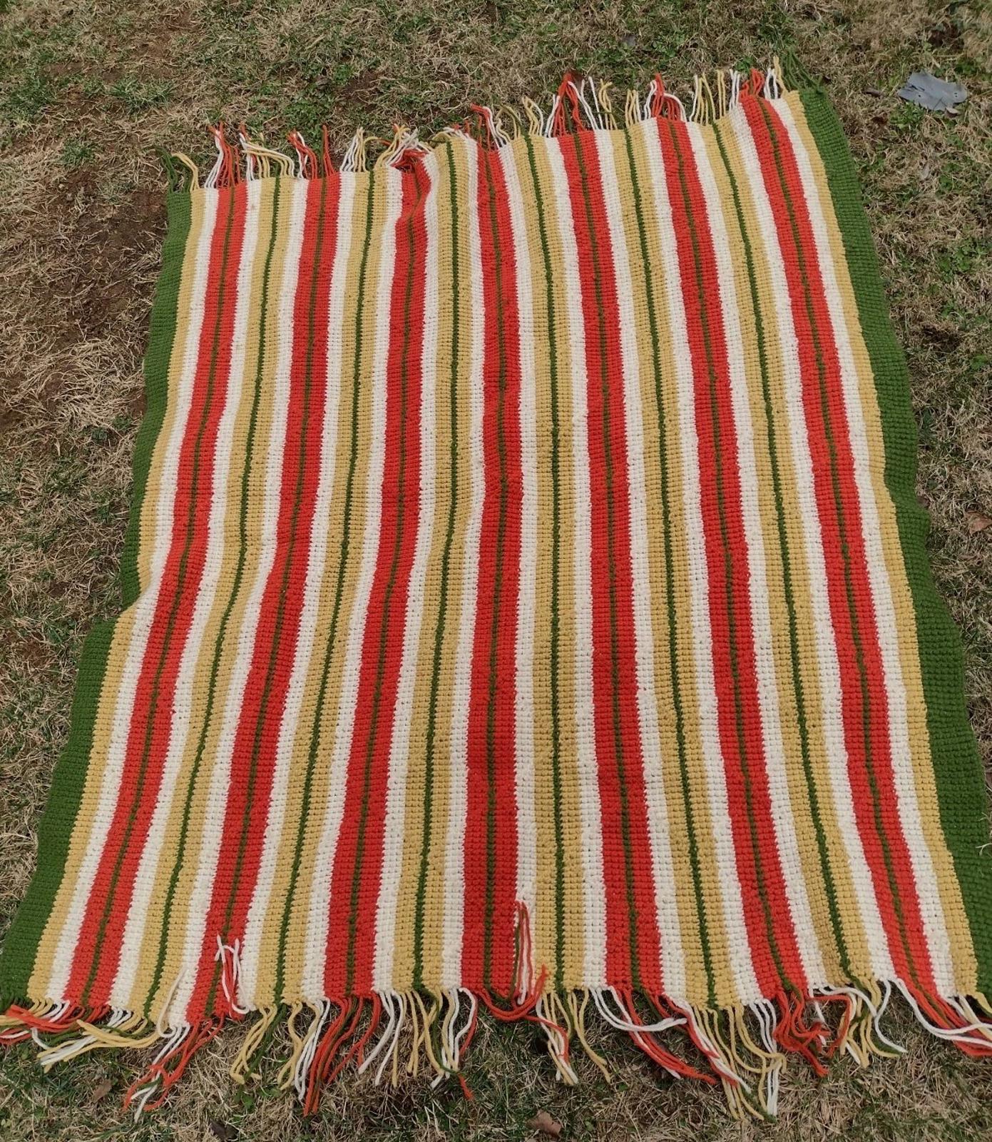 Vintage 70s Hand Crochet Throw 48x58 Retro Stripe Diamond Stitch Fringe Afghan