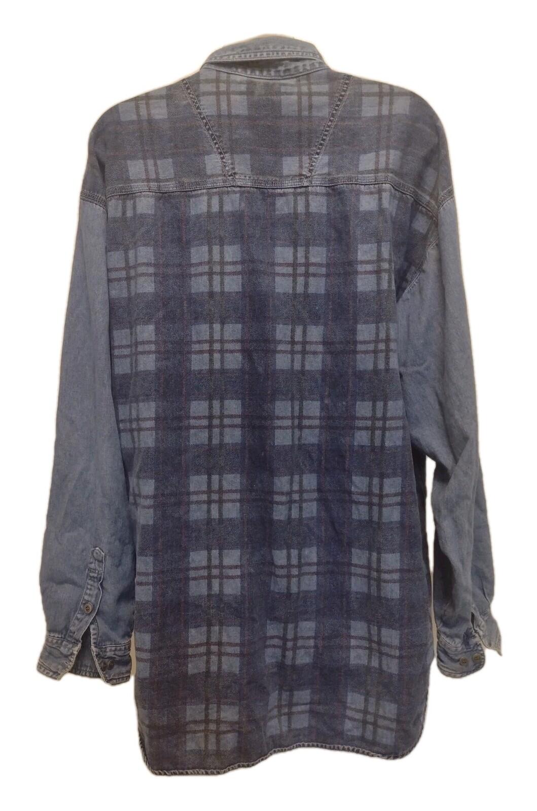 Vintage 90s Printed Plaid Denim Shirt Men’s L Grunge Double Denim Y2K Workwear