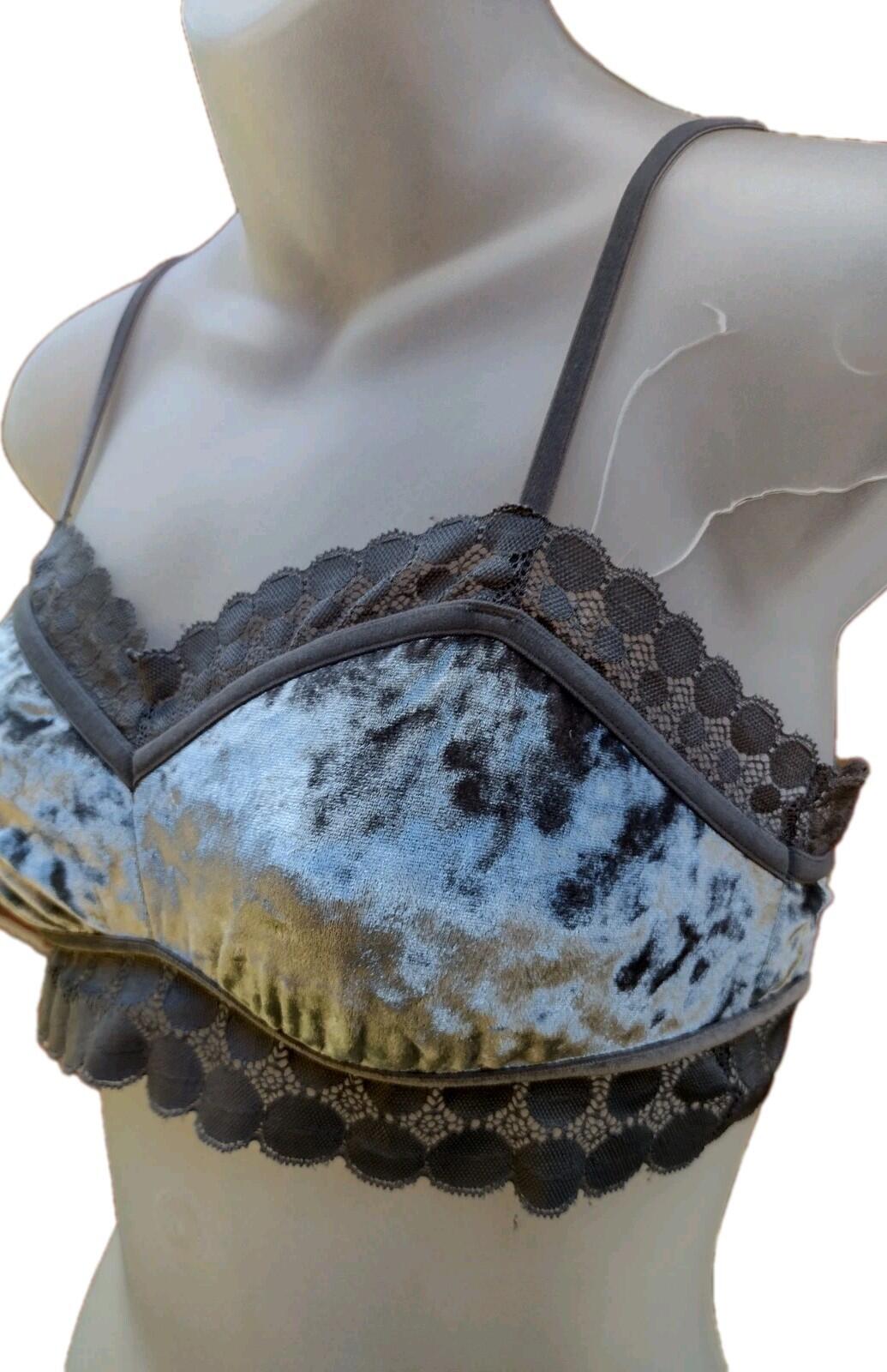 Aerie Gray Velvet Lace Bralette M Soft Goth Coquette Balletcore Lounge Bra