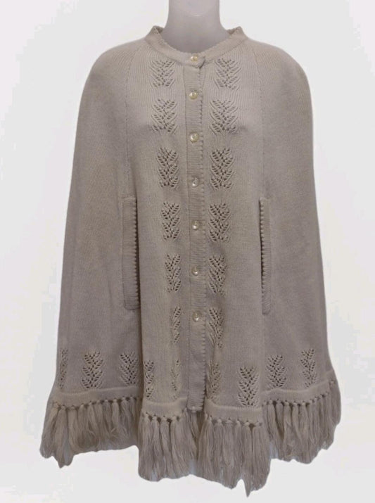 VTG 70s Sweater Bee Hong Kong Knit Poncho Cape Beige Eyelet ButtonsDeadstock