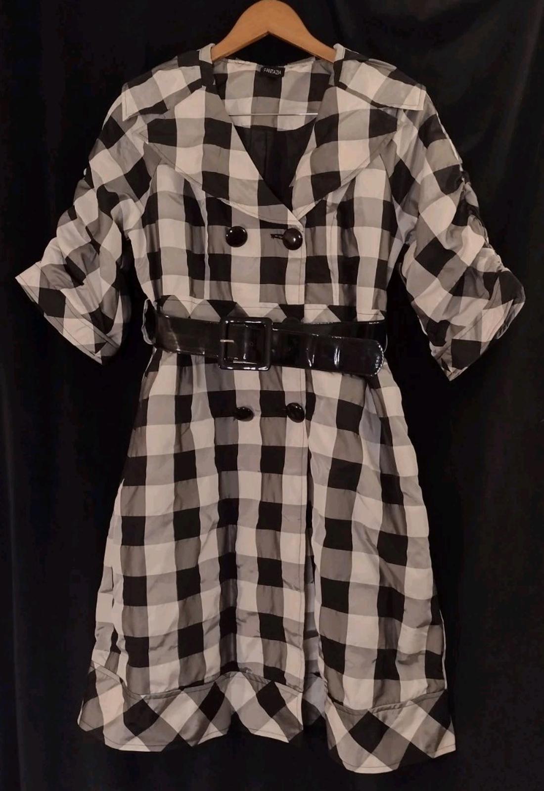 Fantazia Oversized Buffalo Check Shirt Dress Jacket S Pockets Belt Mod