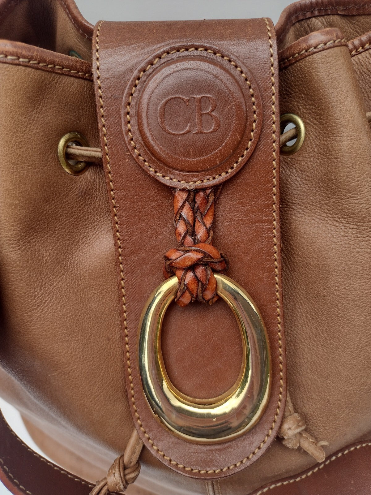 Vintage Leather Bucket Bag Brown Drawstring Boho Equestrian Slouchy Large Tote
