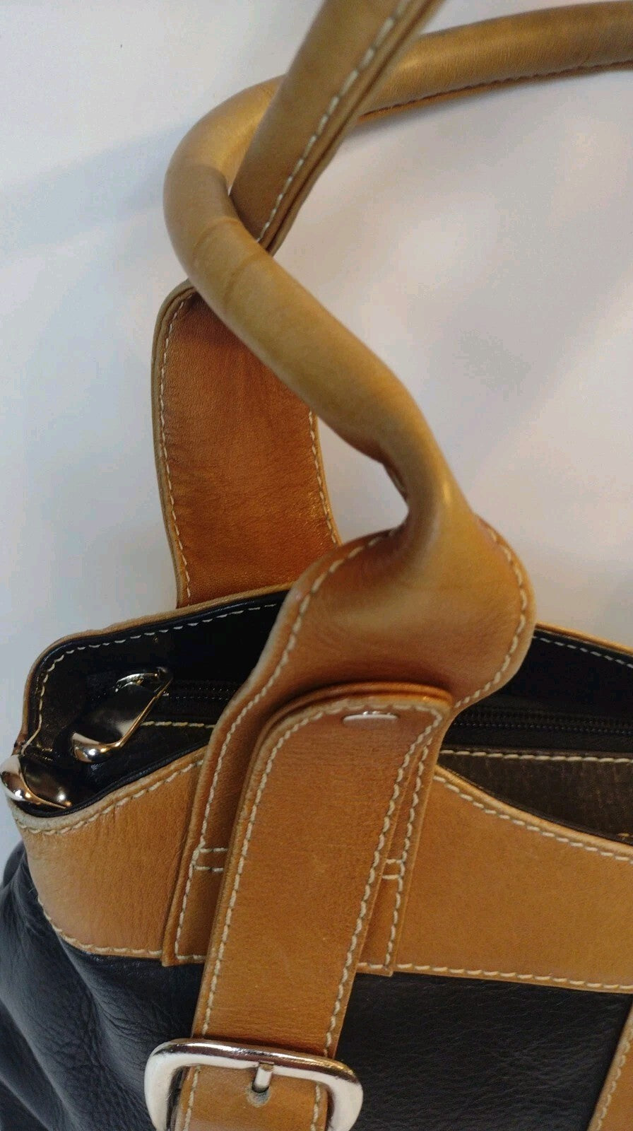 Genuine Leather Shoulder Tote Bag Black Tan Y2K Buckle Satchel Work Office Purse