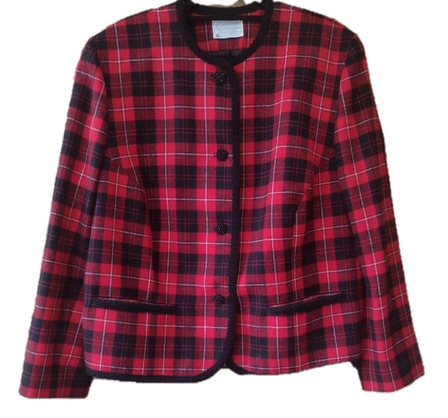 Vintage 60s Rare Pendleton Wool Jacket 18W Red Plaid Braided Trim Satin Lining