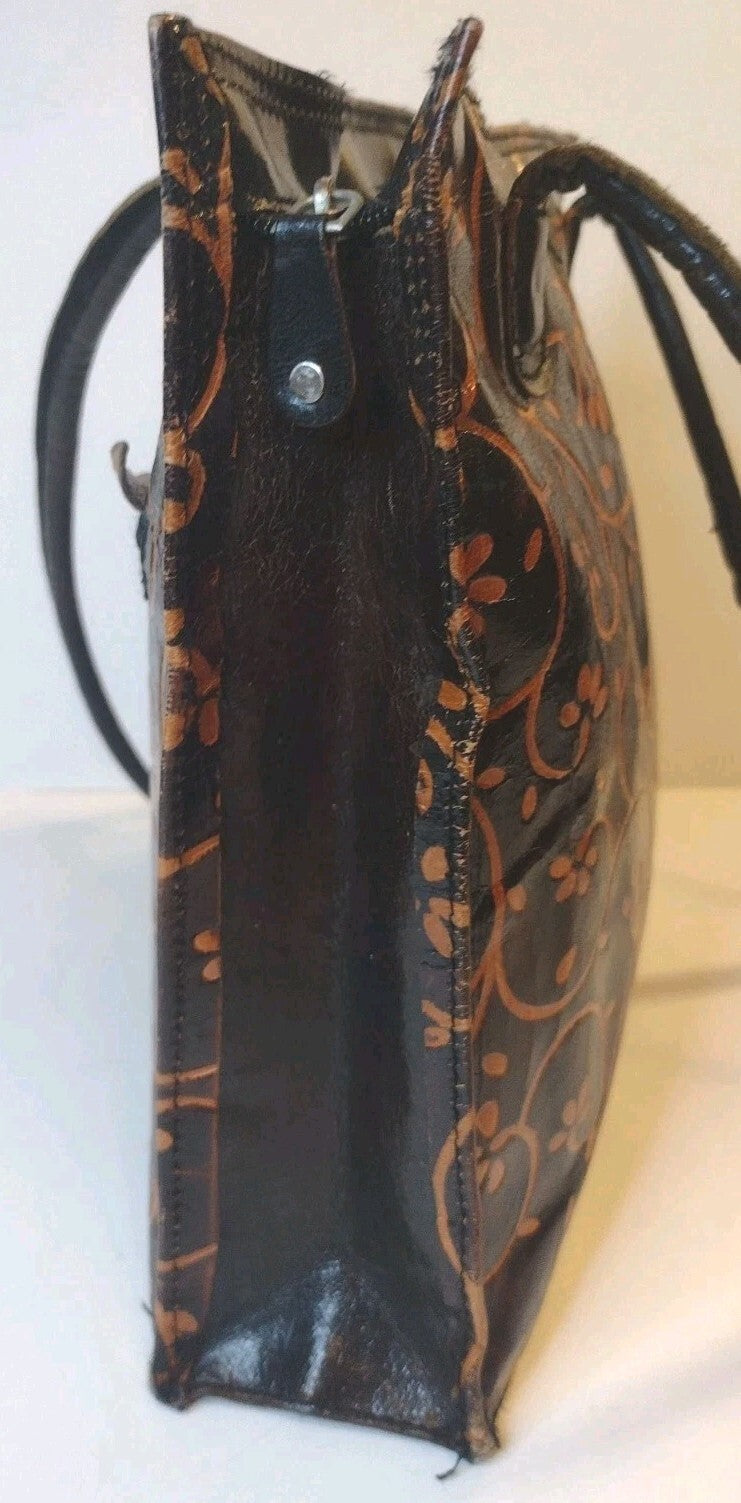 Vintage Embossed Floral Leather Tote Bag Brown Boho Western Artisan Shoulder Bag
