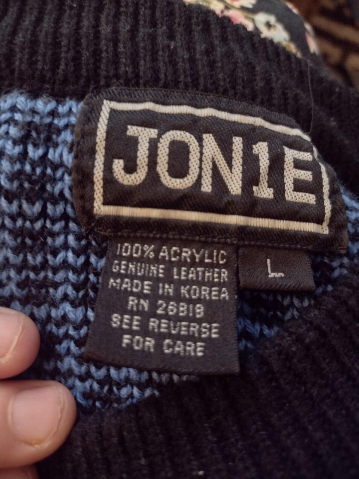VTG 80s Men's Jonie Geometric Sweater L Korea Blue Black Knit Leather Patches