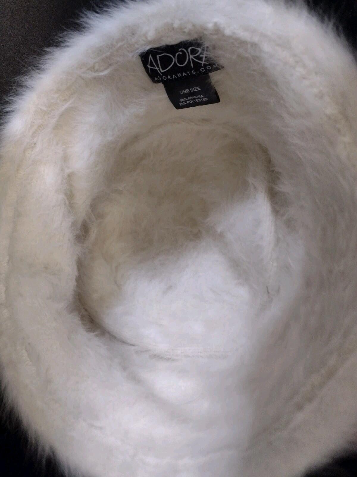 Adora Angora Blend White Fuzzy Hat Wired Brim Flower Detail One Size Excellent