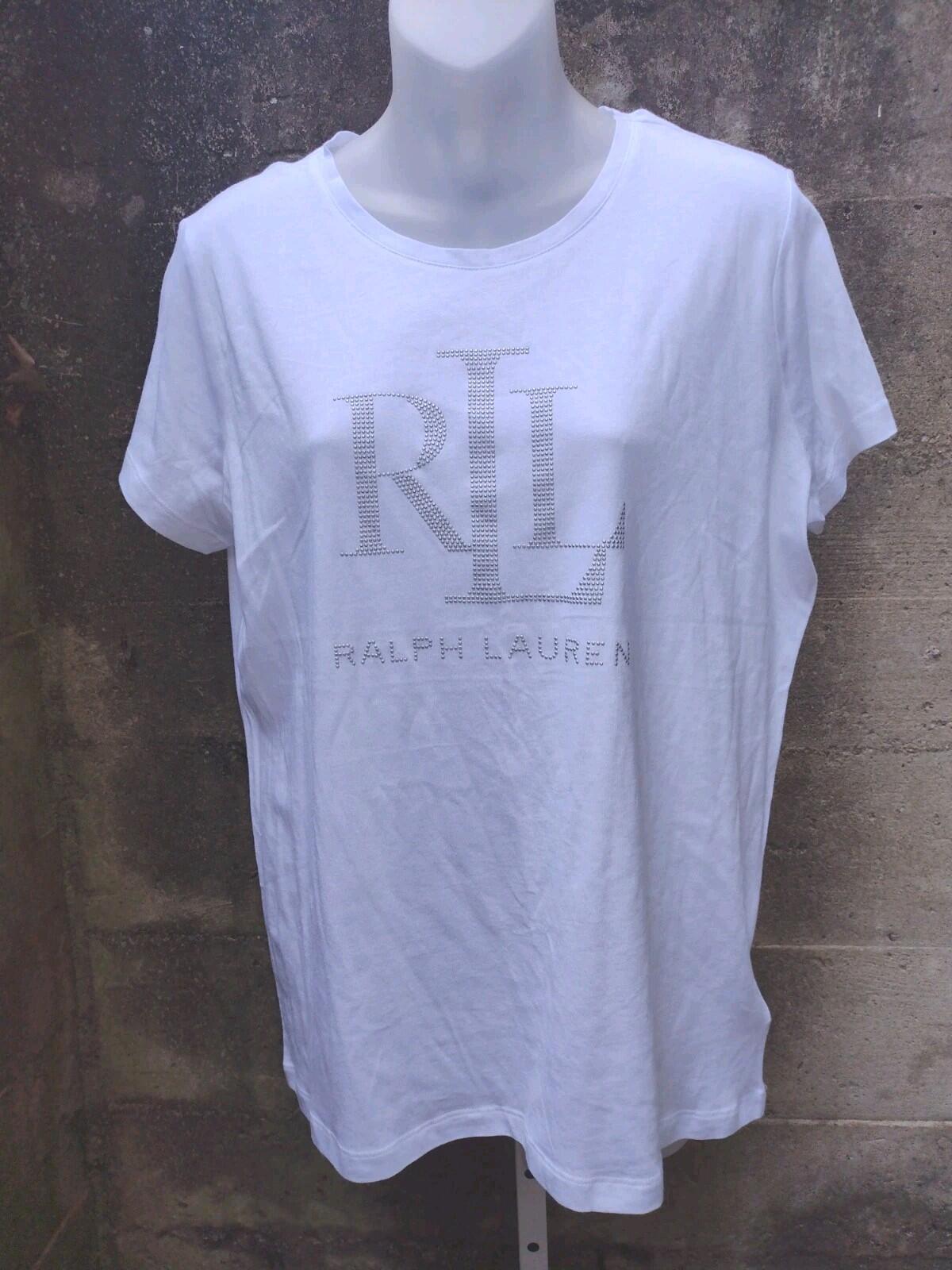Ralph Lauren T Shirt Womens L White Casual Silver Metallic Puff Dot Embellished