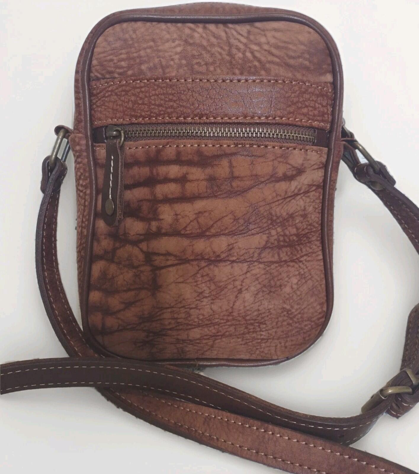Vintage 80s Bacare Nubuck Leather Crossbody Bag Argentina Brown Brass 7x9x2