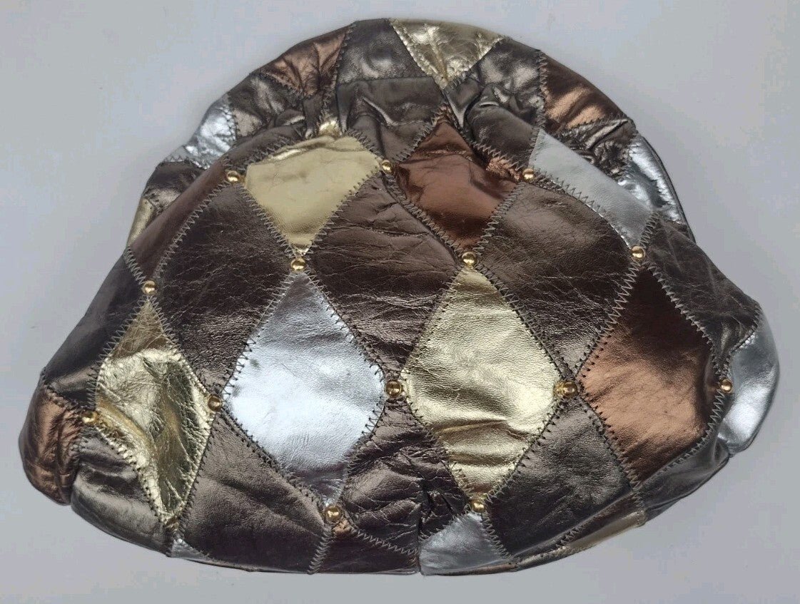USA Leather Patchwork Frame Bag Vintage Metallic Clutch Purse Boho Disco Glam