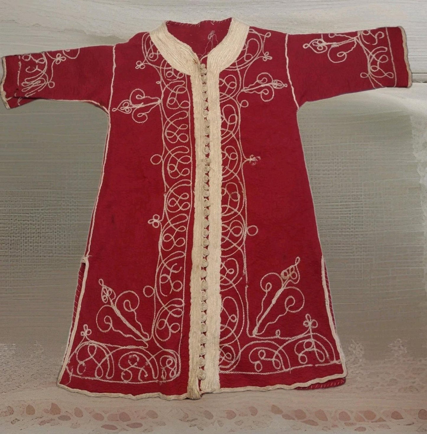 Antique Central Asian Child Chapan – Hand-Embroidered Felted Red Wool Robe