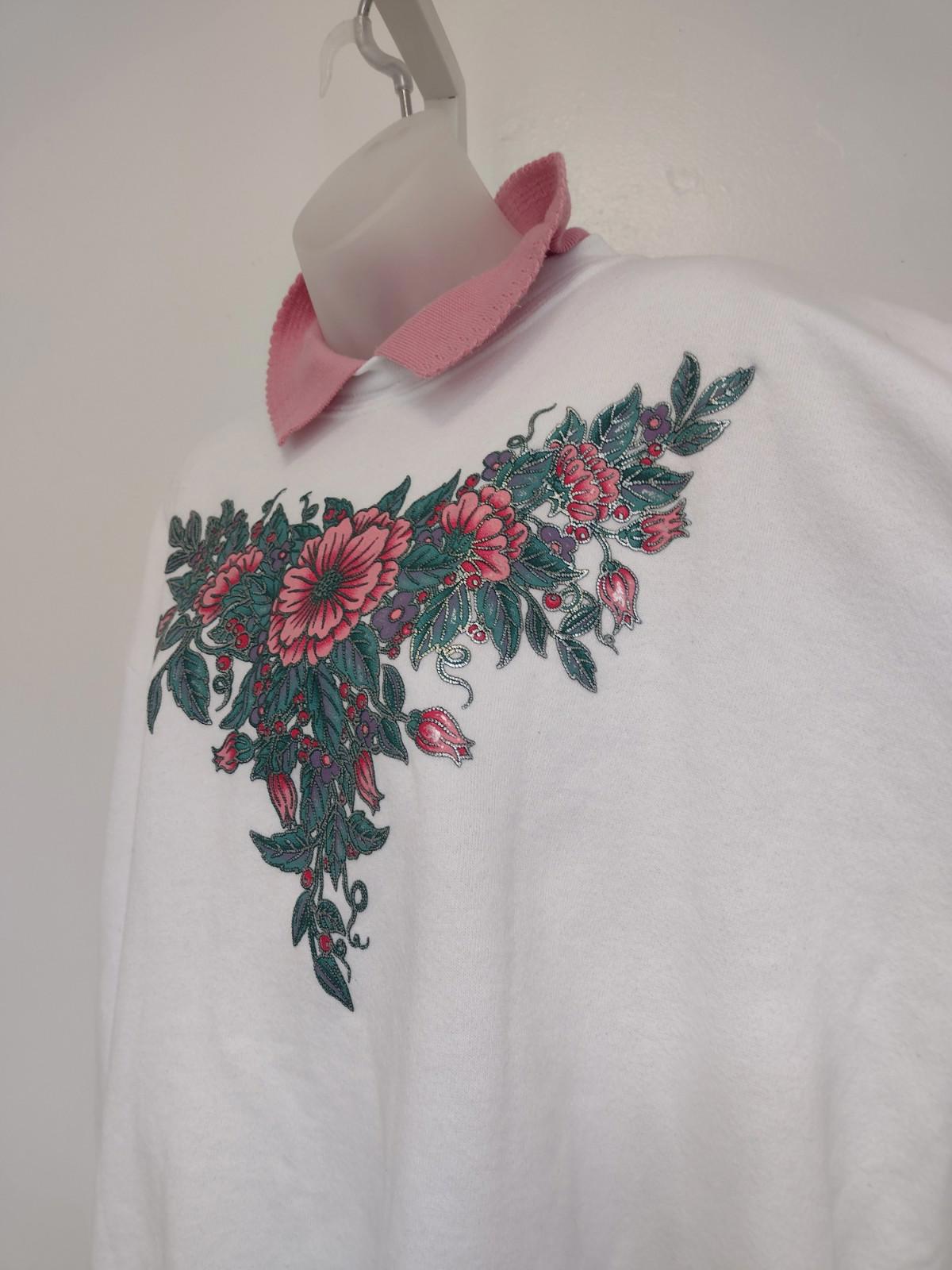 Vintage 90s Whim Z USA Floral Puff Paint Sweatshirt Mock Collar Pink Trim L