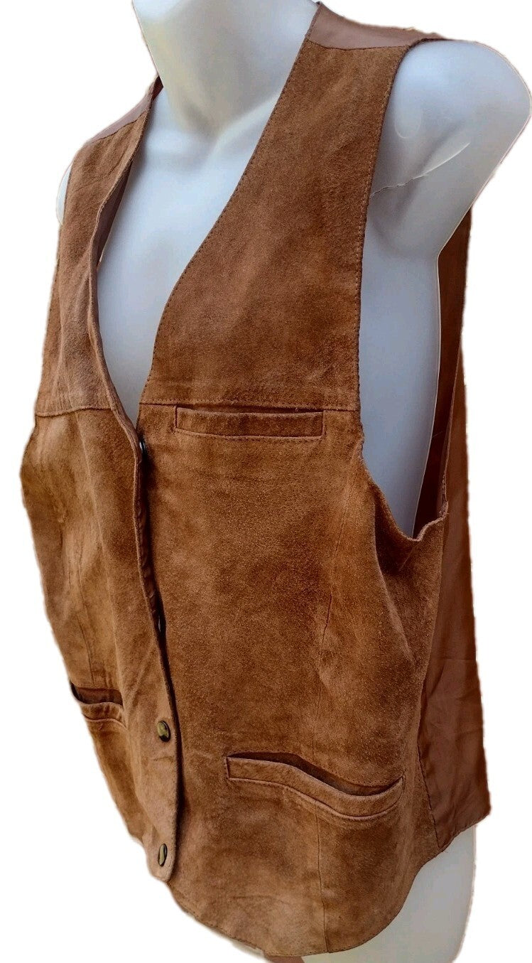 Shebang Suede Leather Vest Vintage 90s Women XL Cognac Brown Western Boho