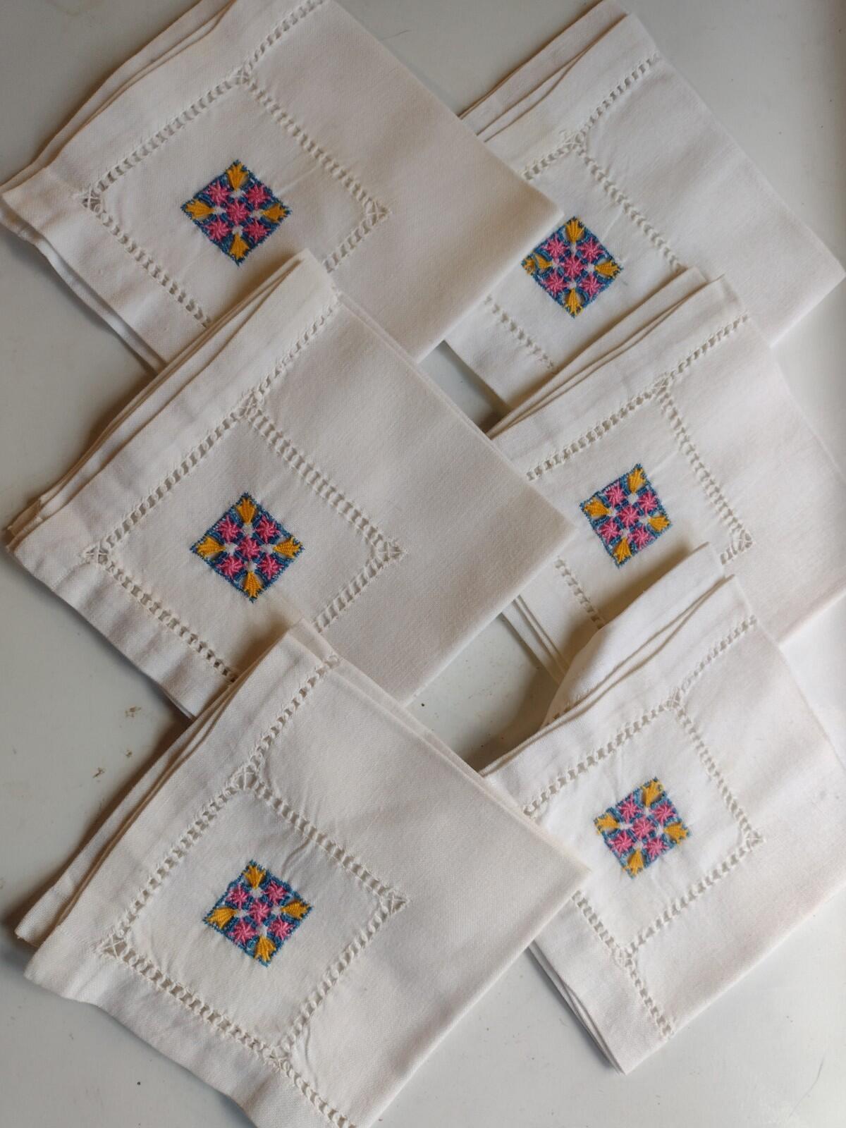 Vintage 40s Linen Tablecloth Napkins Set + PA Dutch Towel Embroidered Cutwork