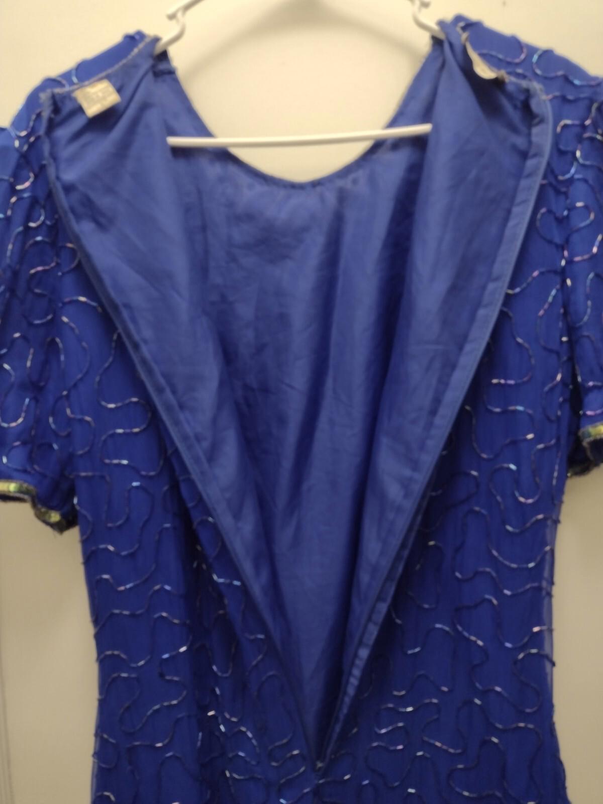 Denise Elle Vintage 80s Blue Beaded Sequin Silk Dress Sz L