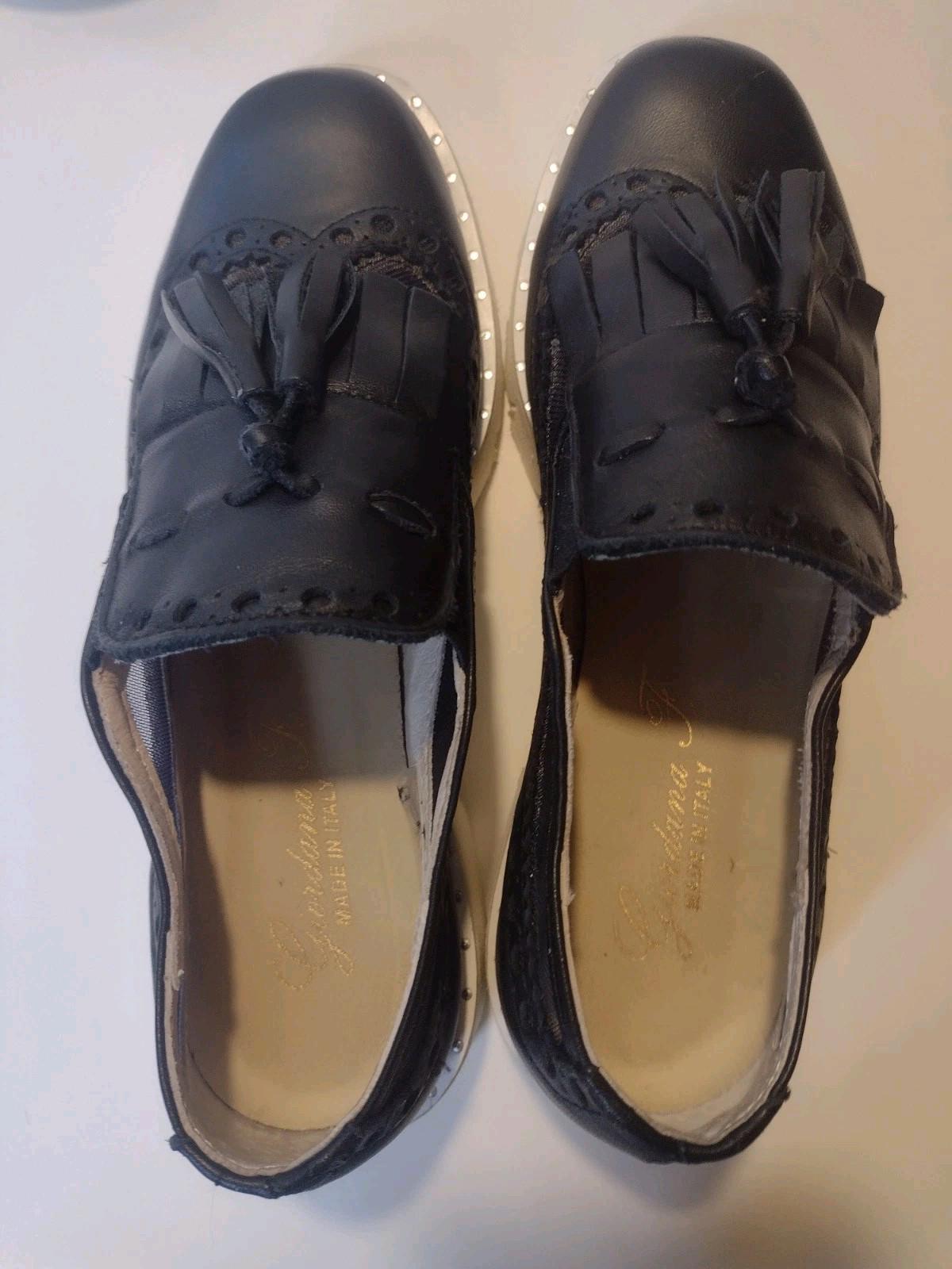 Giordana F Italy Black Leather Tassel Loafers Mesh 1.5in Platform Size 6.5‑7