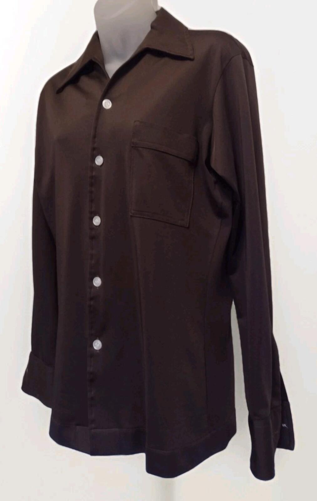 VTG 70s Joel California Brown Trilobal Polyester Button Up Shirt Men’s Small