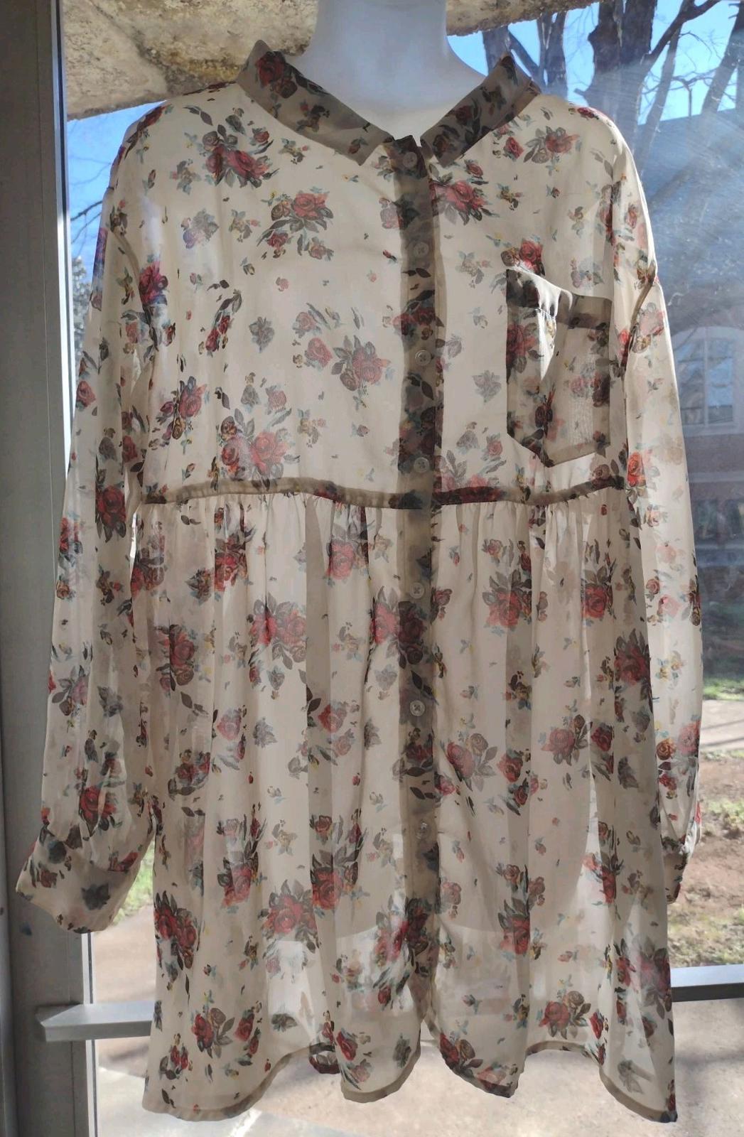 Free People Dress Tunic M Bailey Drawstring Floral Printed Sheer Bohemian