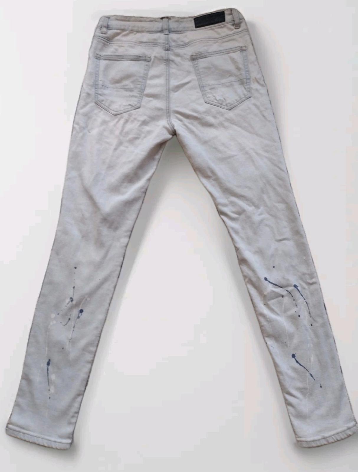 DNA Premium Skinny Jeans Distressed  Paint Spatter, Blue & Clear Rhinestones 30