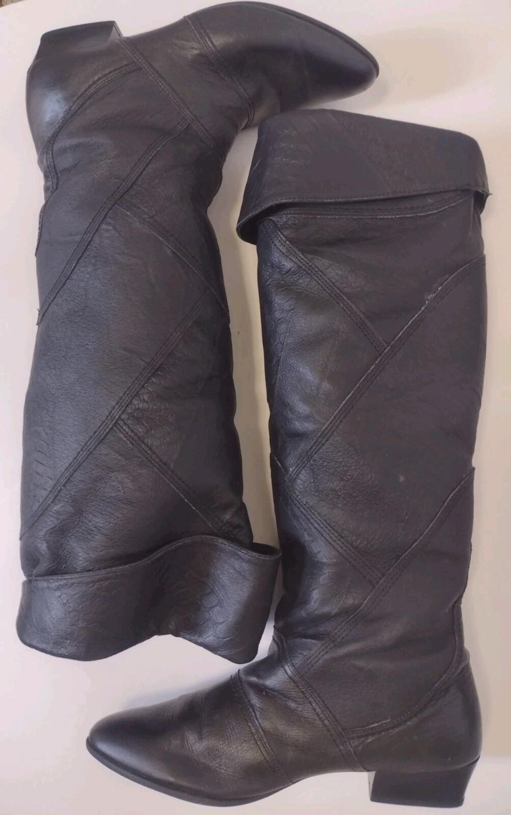 Vintage 70s Patchwork Leather Knee High Boots Faux Fur Lined Renaissance Sz 8