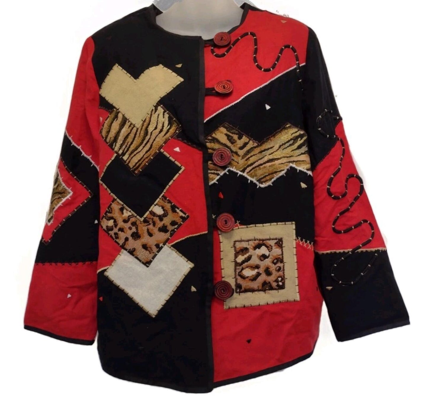 Indigo Moon Patchwork Art to Wear Jacket M Red Black Animal Print Spiral Buttons