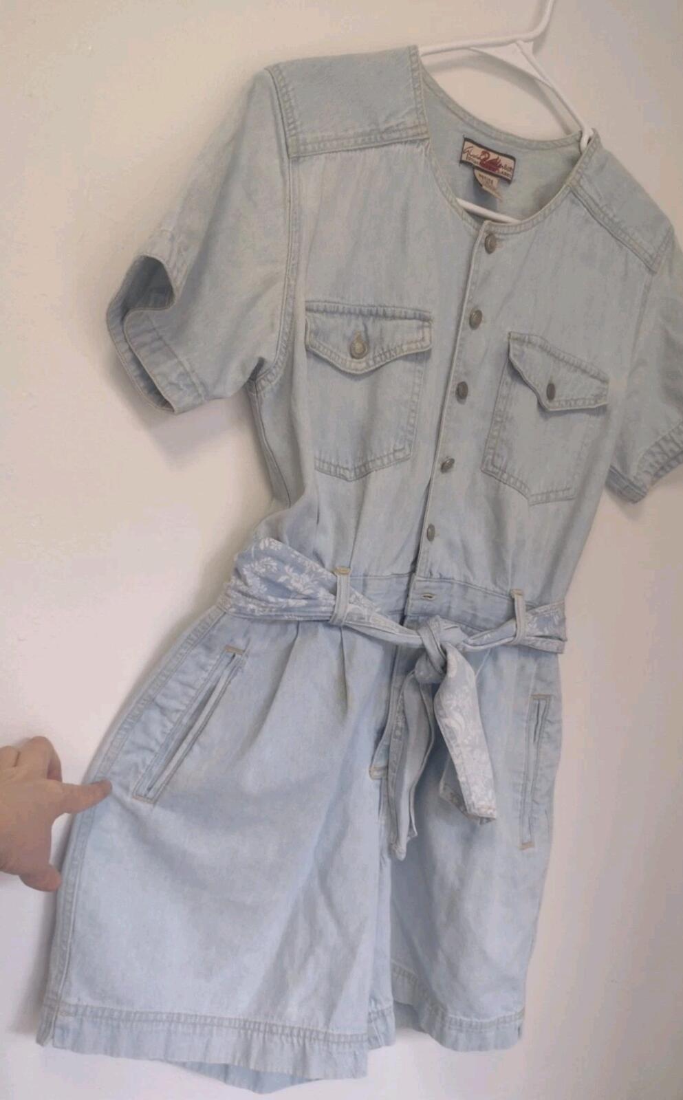 Vintage 80s / 90s Gloria Vanderbilt Denim Romper Light Blue Distressed W Belt PS